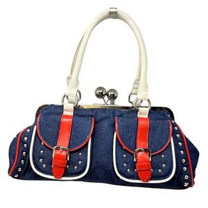 Euro Wellness Women's Purse Y2K  Denim Red White Blue Studded Kiss Lock